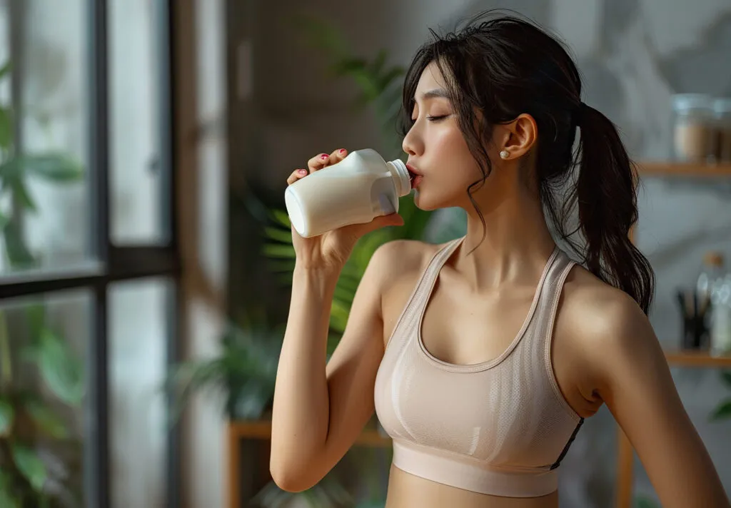 photo portrait young fitness woman lady girl with fresh milk gym fitness center 1