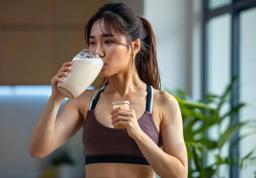photo portrait young fitness woman lady girl with fresh milk gym fitness center