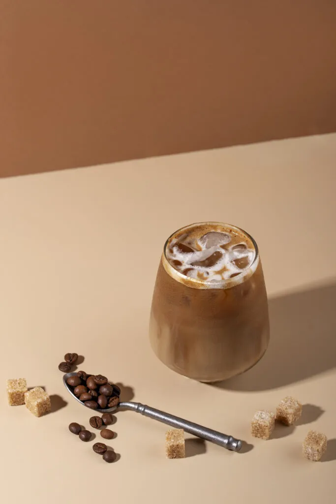 high angle iced coffee sugar cubes