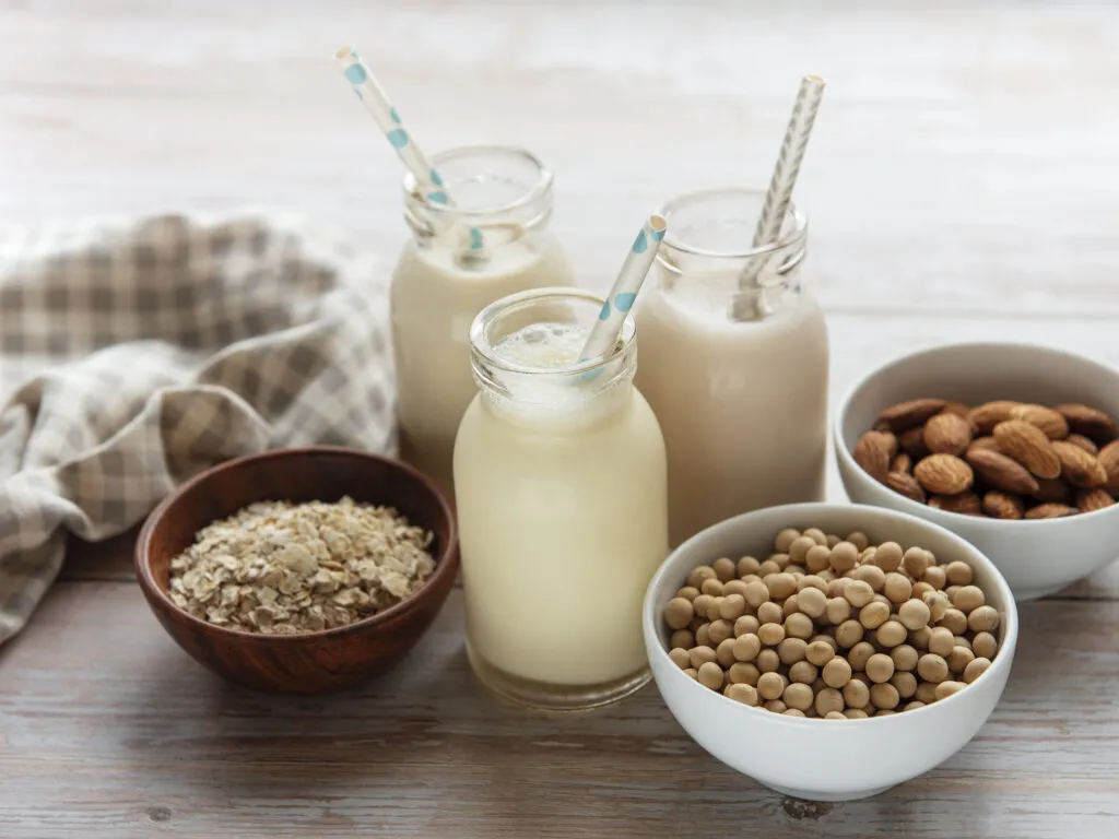 bottles with different plant milk soy almond oat milk