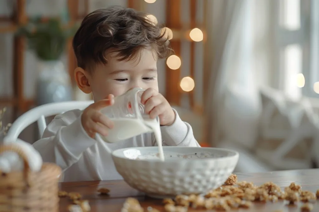 asian boy pours milk into cereal bowl kitchen table promoting healthy children s breakfast