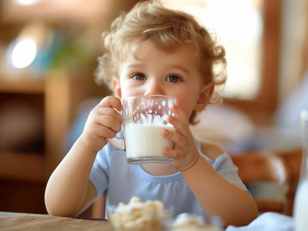 cute child drinks milk has few white milk stains his lips generative ai art