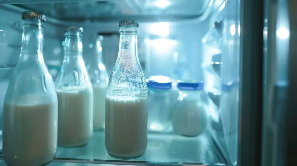 three glass bottles milk are refrigerator shelf