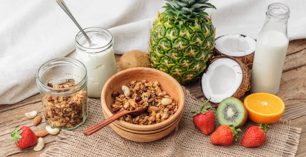granola with greek yoghurt fruit wooden background rustic style 1